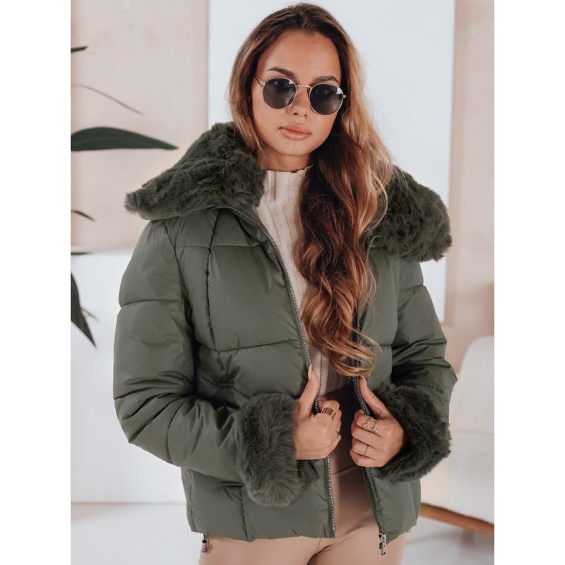 Dámská prošívaná krátká bunda s kožešinou, zelená
