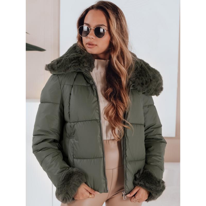 Dámská prošívaná krátká bunda s kožešinou, zelená