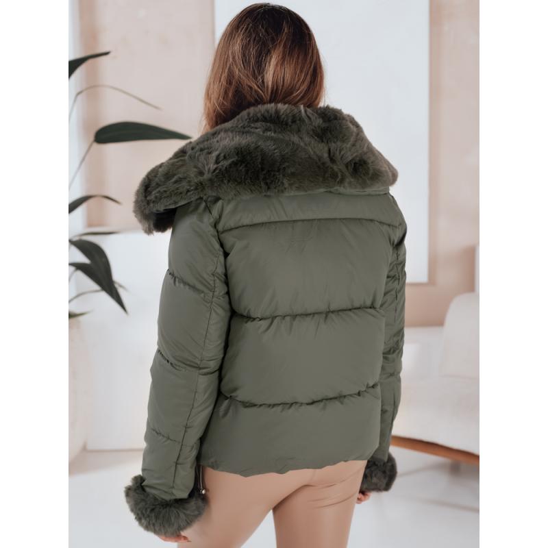 Dámská prošívaná krátká bunda s kožešinou, zelená