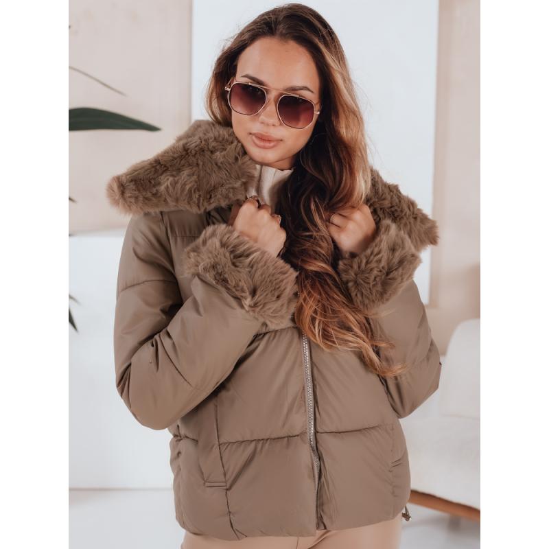 Dámská prošívaná krátká bunda s kožešinou, kamelová
