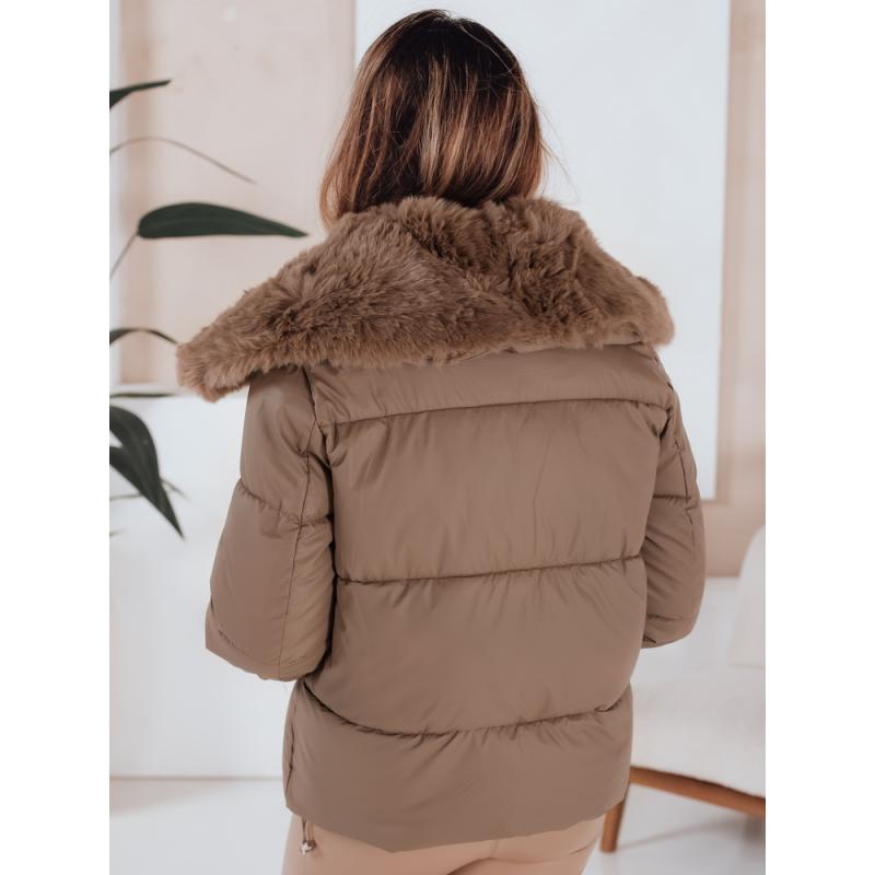 Dámská prošívaná krátká bunda s kožešinou, kamelová