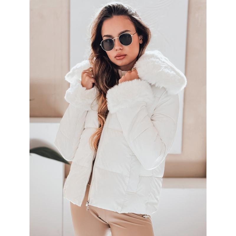 Dámská prošívaná krátká bunda s kožešinou, bílá