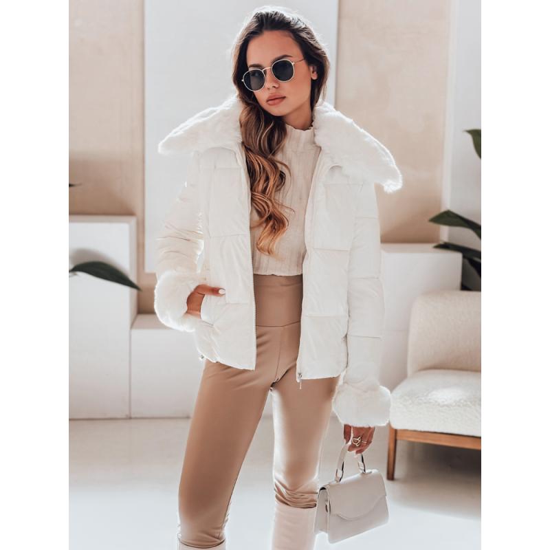 Dámská prošívaná krátká bunda s kožešinou, bílá