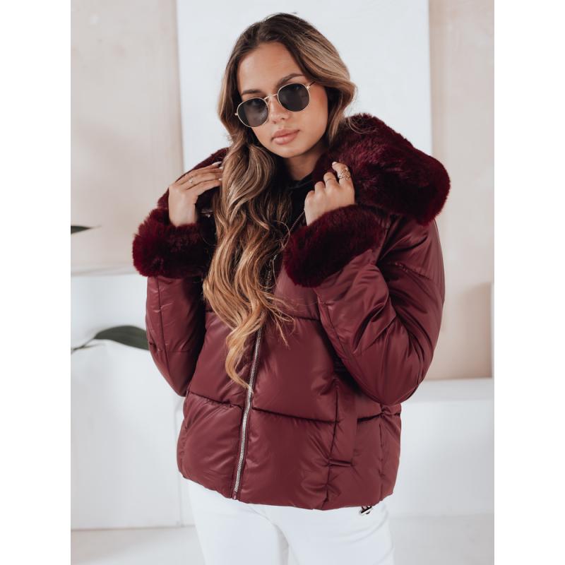 Dámská prošívaná krátká bunda s kožešinou, vínová