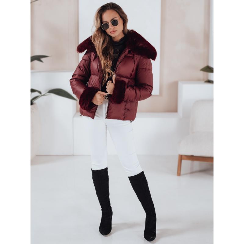 Dámská prošívaná krátká bunda s kožešinou, vínová