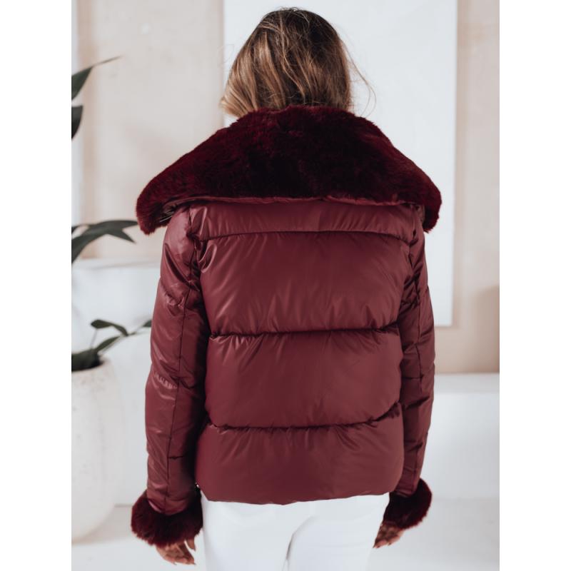 Dámská prošívaná krátká bunda s kožešinou, vínová