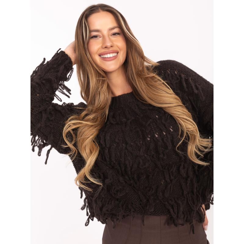 Tmavě hnědý oversize svetr s třásněmi RUE PARIS