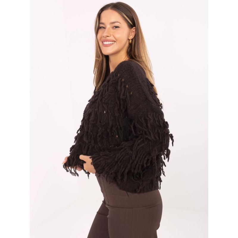 Tmavě hnědý oversize svetr s třásněmi RUE PARIS