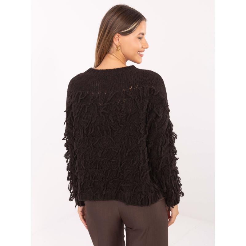 Tmavě hnědý oversize svetr s třásněmi RUE PARIS