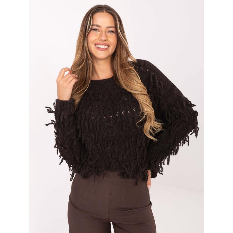 Tmavě hnědý oversize svetr s třásněmi RUE PARIS