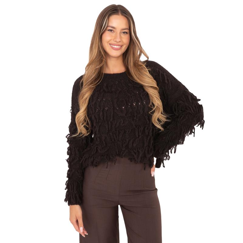 Tmavě hnědý oversize svetr s třásněmi RUE PARIS