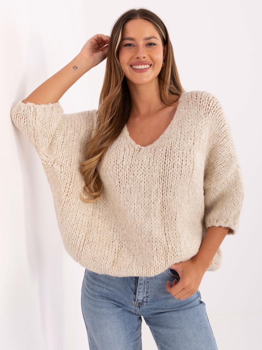 Világos bézs oversized pulóver 3/4 ujjakkal