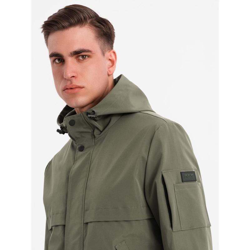 Pánská prošívaná bunda s košilovým střihem – olivová V2 OM-JALP-0215