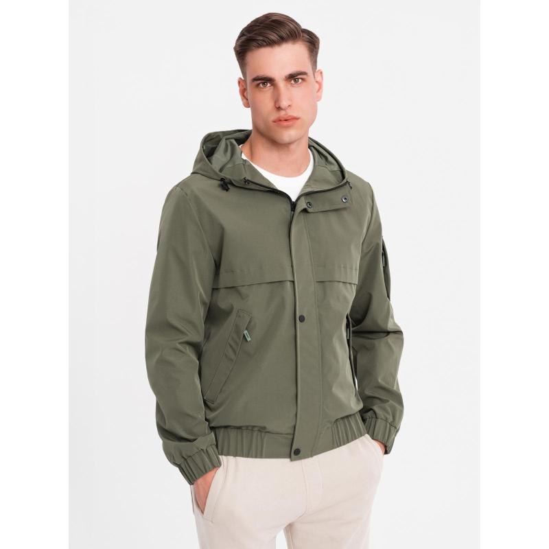 Pánská prošívaná bunda s košilovým střihem – olivová V2 OM-JALP-0215