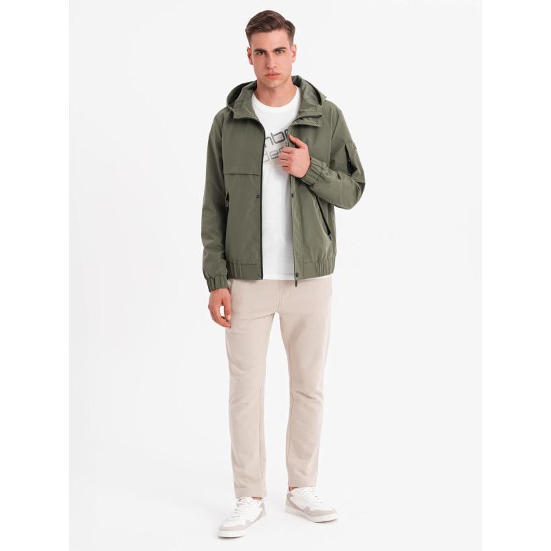Pánská prošívaná bunda s košilovým střihem – olivová V2 OM-JALP-0215