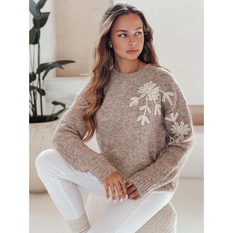 Dámský svetr s květinovou aplikací GIRLHERBAL béžový