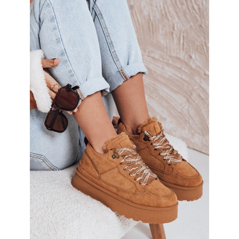 Dámské tenisky s kožešinou na platformě kamelové