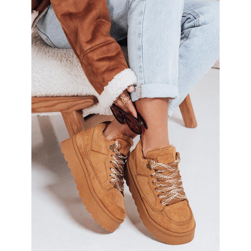 Dámské tenisky s kožešinou na platformě kamelové
