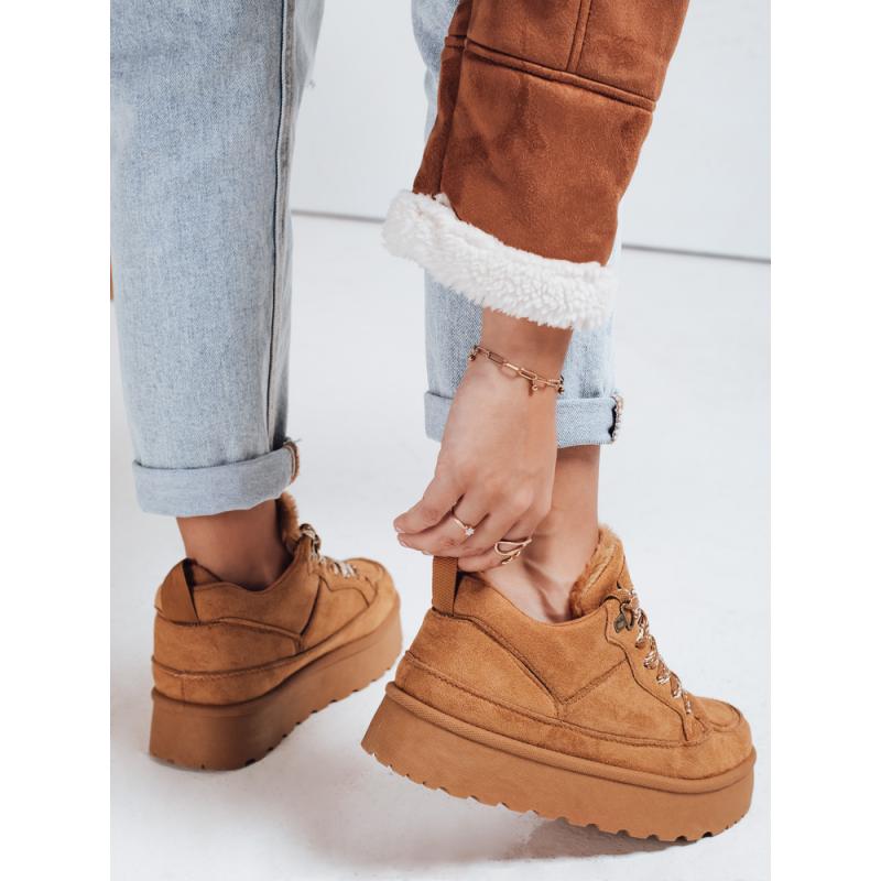 Dámské tenisky s kožešinou na platformě kamelové