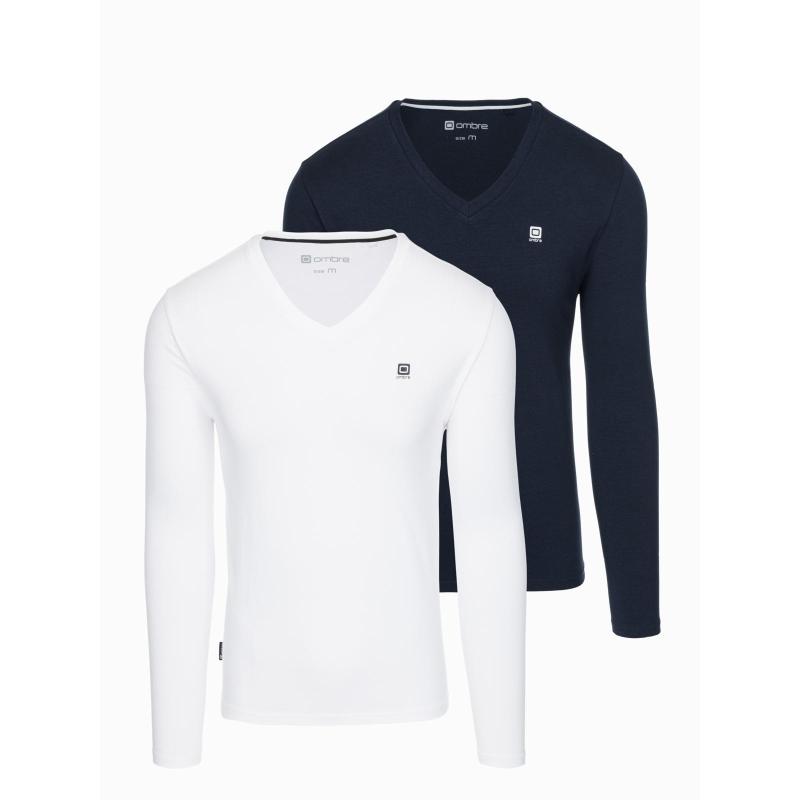 Sada pánských triček SLIM FIT s dlouhým rukávem, výstřihem do V a logem, 2 kusy – směs bílé/modré V1 Z103