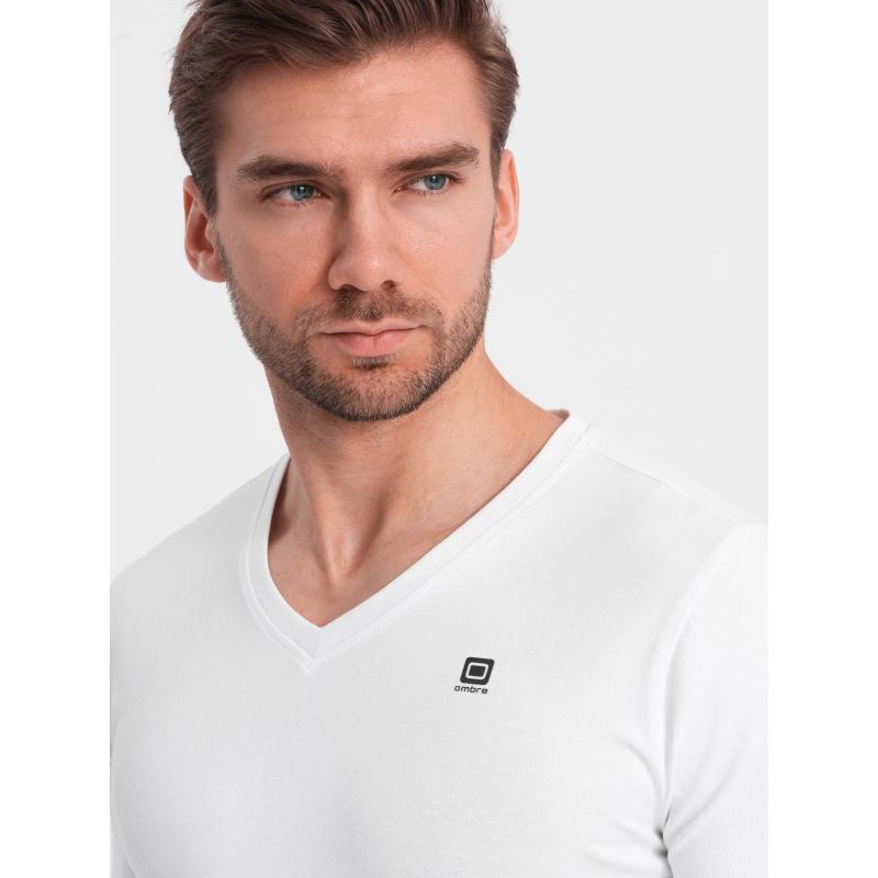 Sada pánských triček SLIM FIT s dlouhým rukávem, výstřihem do V a logem, 2 kusy – směs bílé/modré V1 Z103