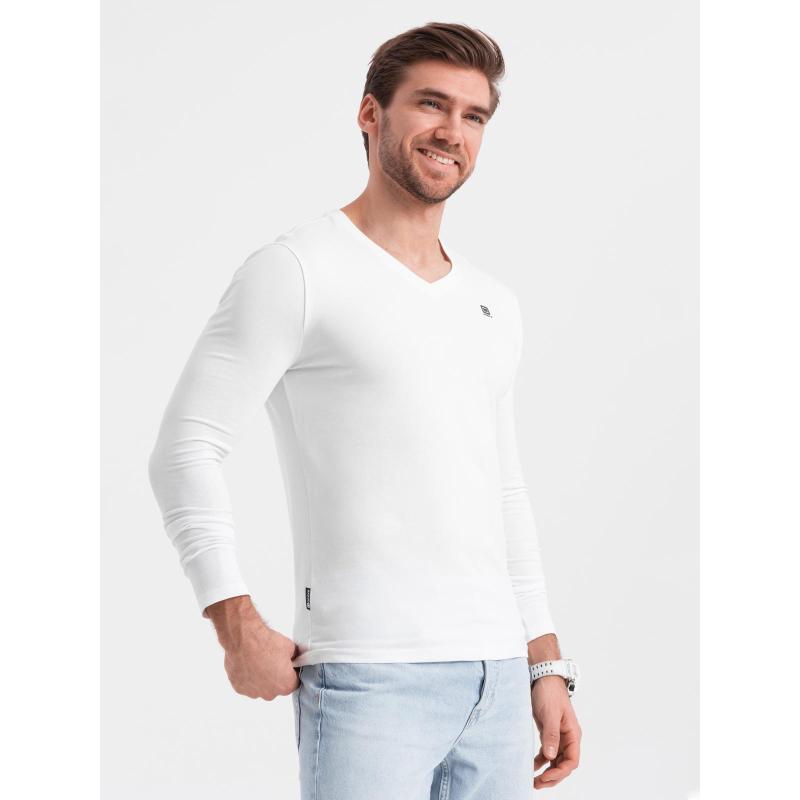 Sada pánských triček SLIM FIT s dlouhým rukávem, výstřihem do V a logem, 2 kusy – směs bílé/modré V1 Z103