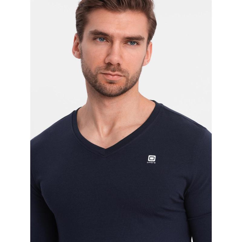 Sada pánských triček SLIM FIT s dlouhým rukávem, výstřihem do V a logem, 2 kusy – směs bílé/modré V1 Z103