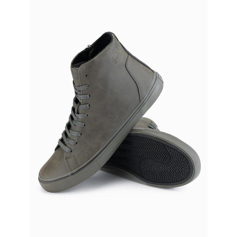 Pánské vysoké tenisky s matnou texturou a reliéfním logem – tmavě olivové V2 OM-FOTH-0185