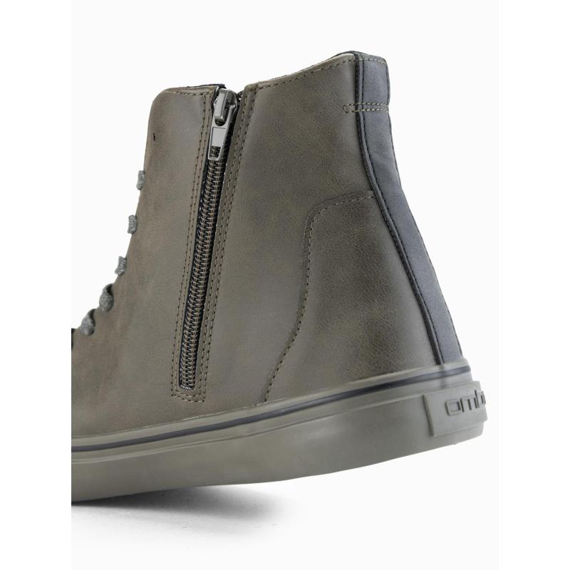 Pánské vysoké tenisky s matnou texturou a reliéfním logem – tmavě olivové V2 OM-FOTH-0185