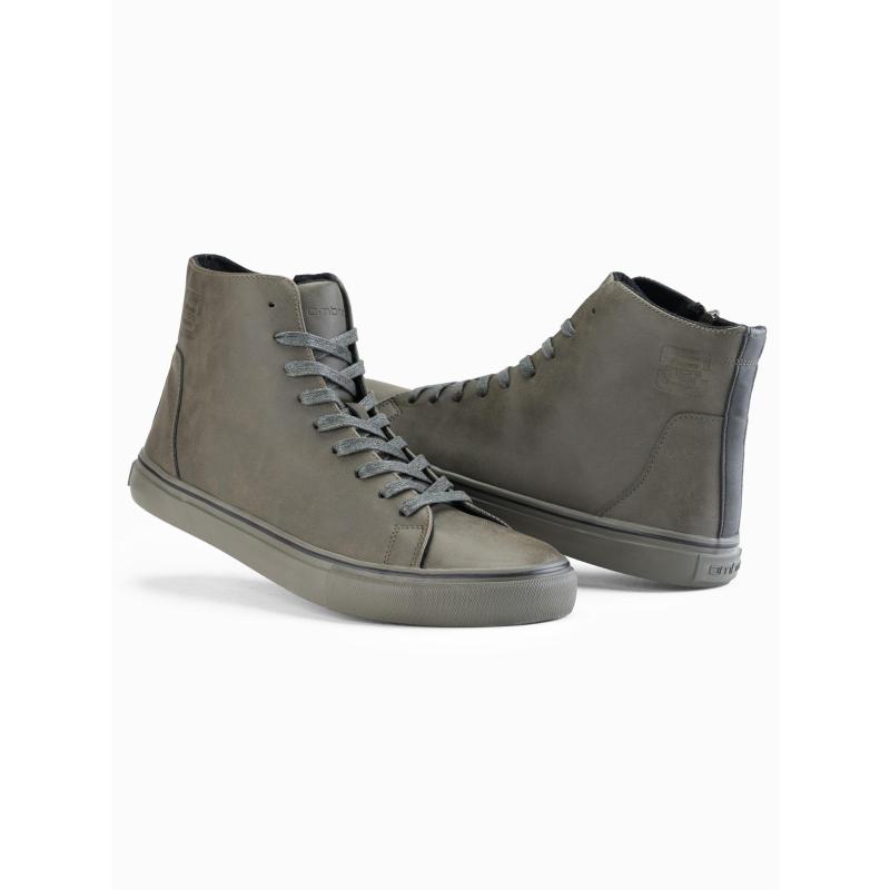 Pánské vysoké tenisky s matnou texturou a reliéfním logem – tmavě olivové V2 OM-FOTH-0185