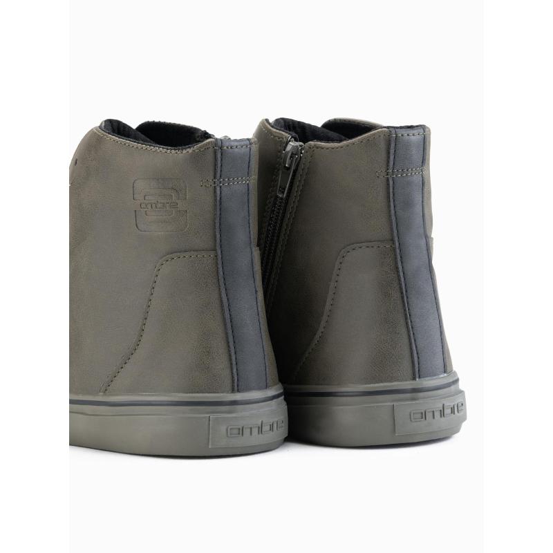 Pánské vysoké tenisky s matnou texturou a reliéfním logem – tmavě olivové V2 OM-FOTH-0185