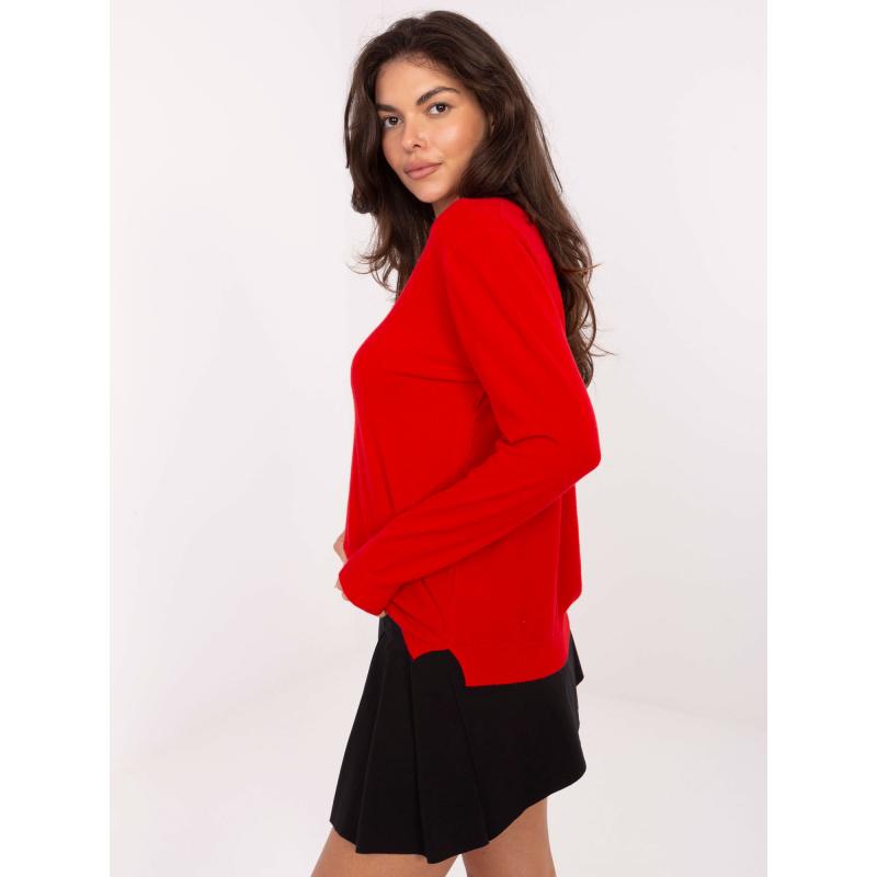 Piros női alap pulóver V-kivágással