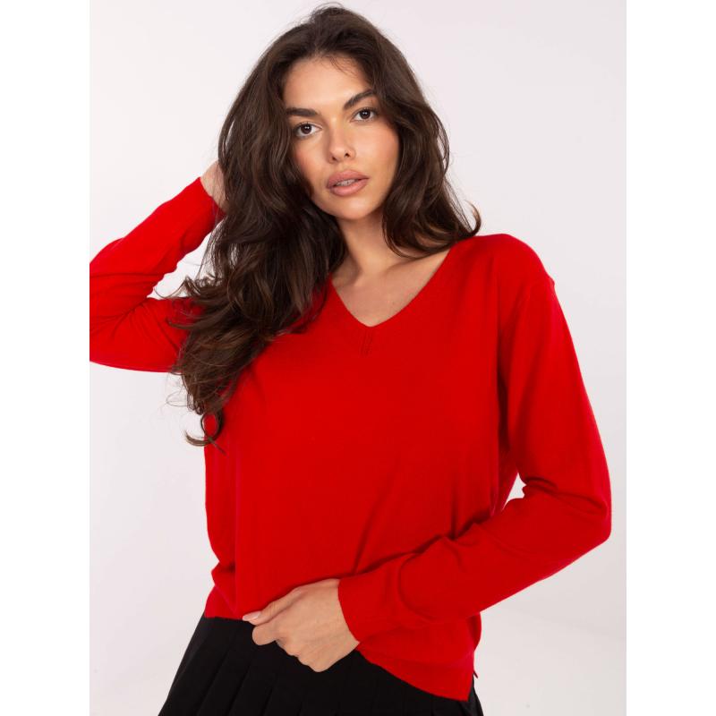 Piros női alap pulóver V-kivágással
