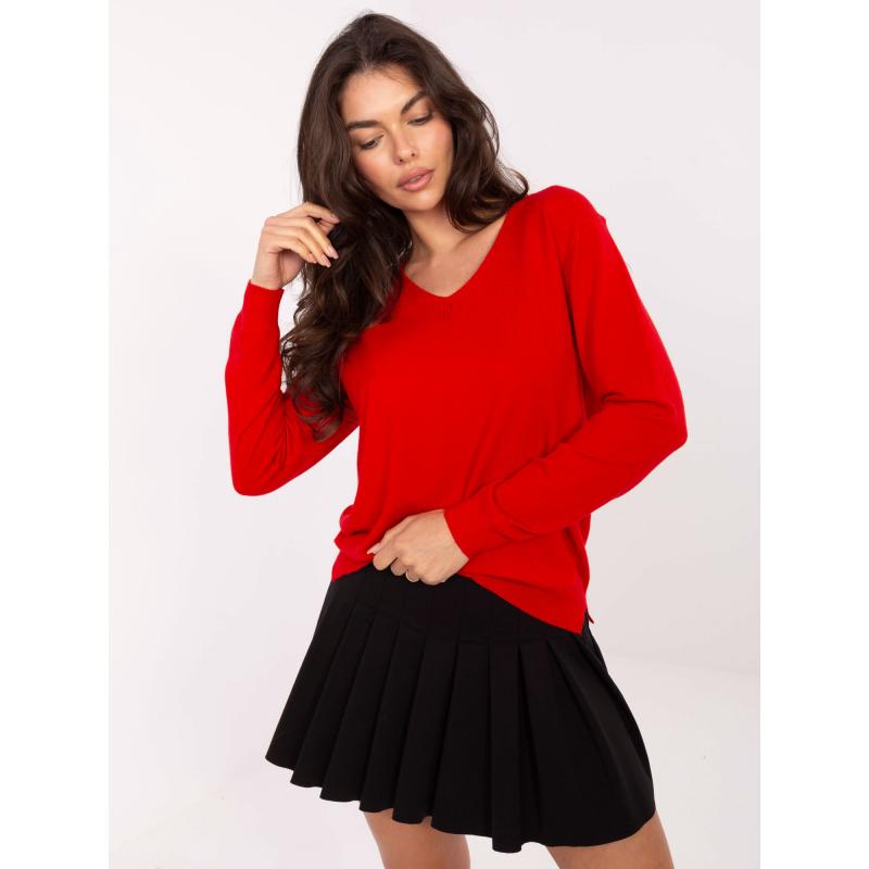 Piros női alap pulóver V-kivágással