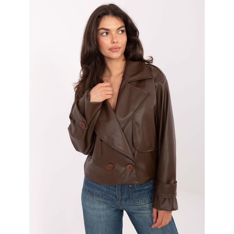 Hnědý krátký kabát z ekokože RUE PARIS