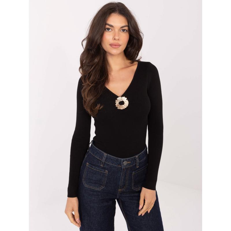 Elegáns fekete pulóver V-kivágással