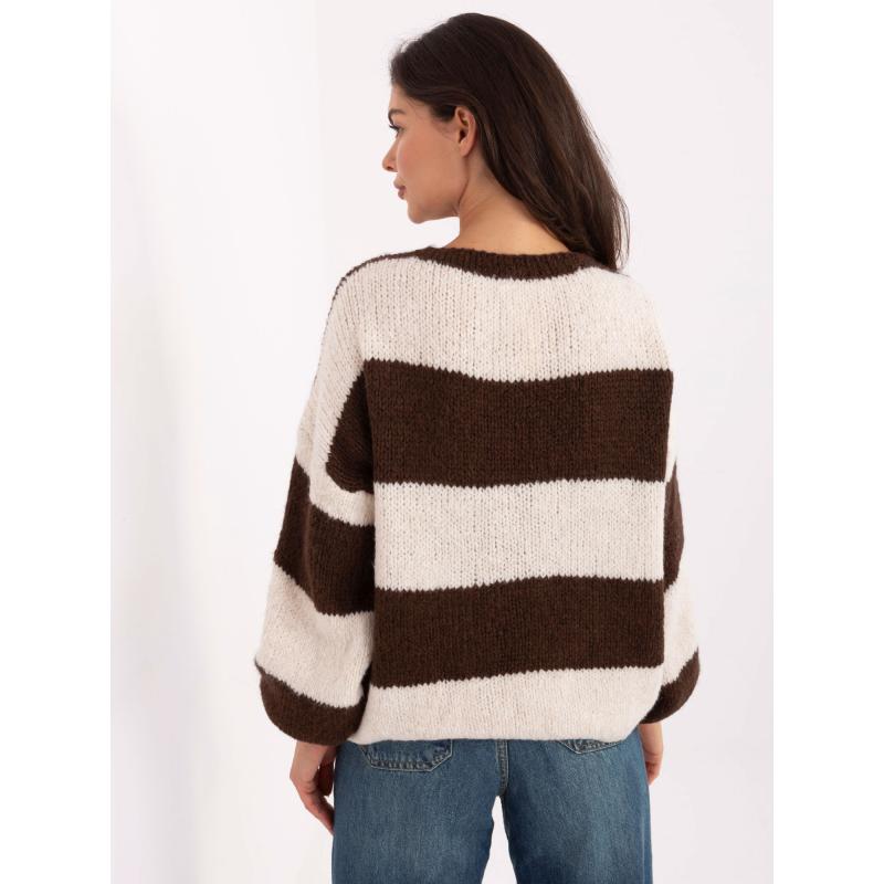 Oversize svetr v barvě ecru a hnědé s vázáním RUE PARIS