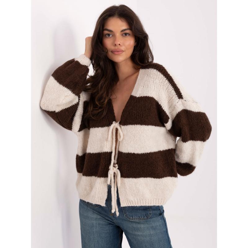 Oversize svetr v barvě ecru a hnědé s vázáním RUE PARIS