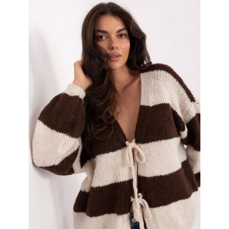 Oversize svetr v barvě ecru a hnědé s vázáním RUE PARIS