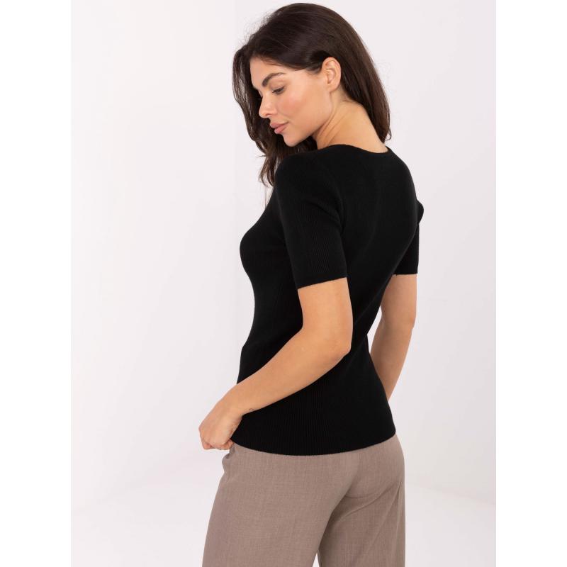 Fekete csíkos pulóver V-kivágással