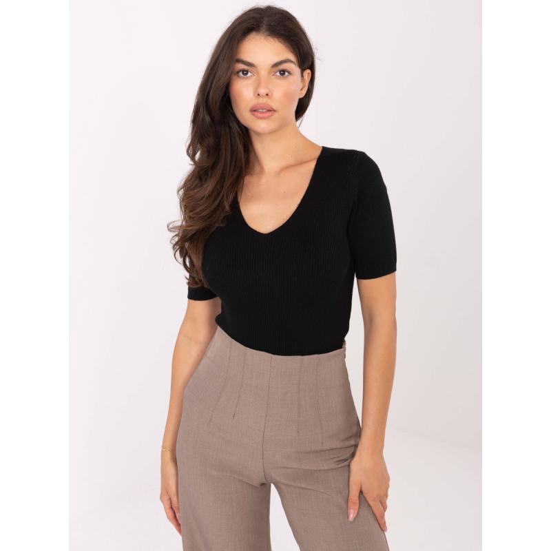 Fekete csíkos pulóver V-kivágással