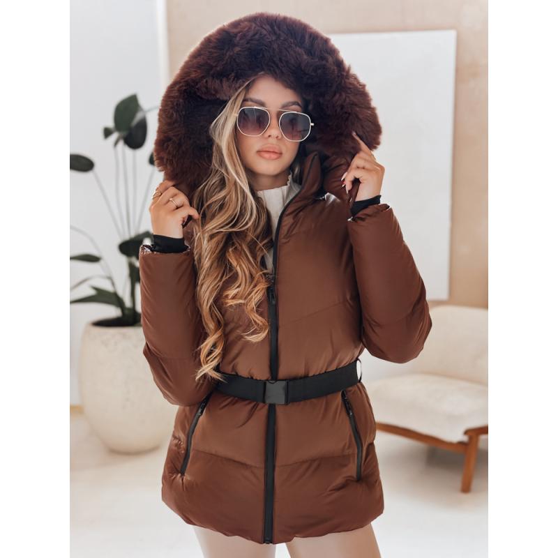 LOVELINA női steppelt téli kabát kapucnival, barna