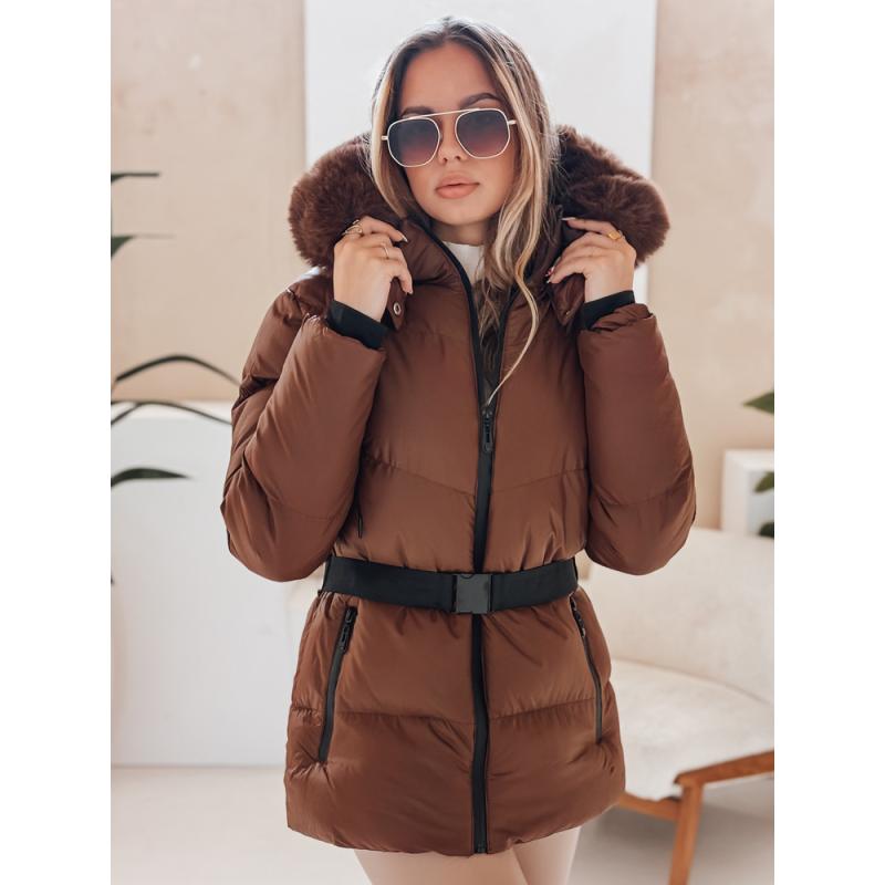 LOVELINA női steppelt téli kabát kapucnival, barna