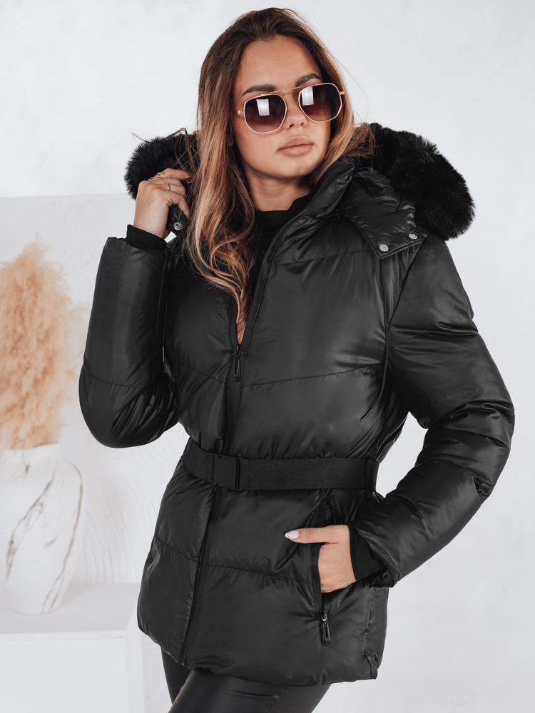 LOVELINA női steppelt téli kabát kapucnival, fekete