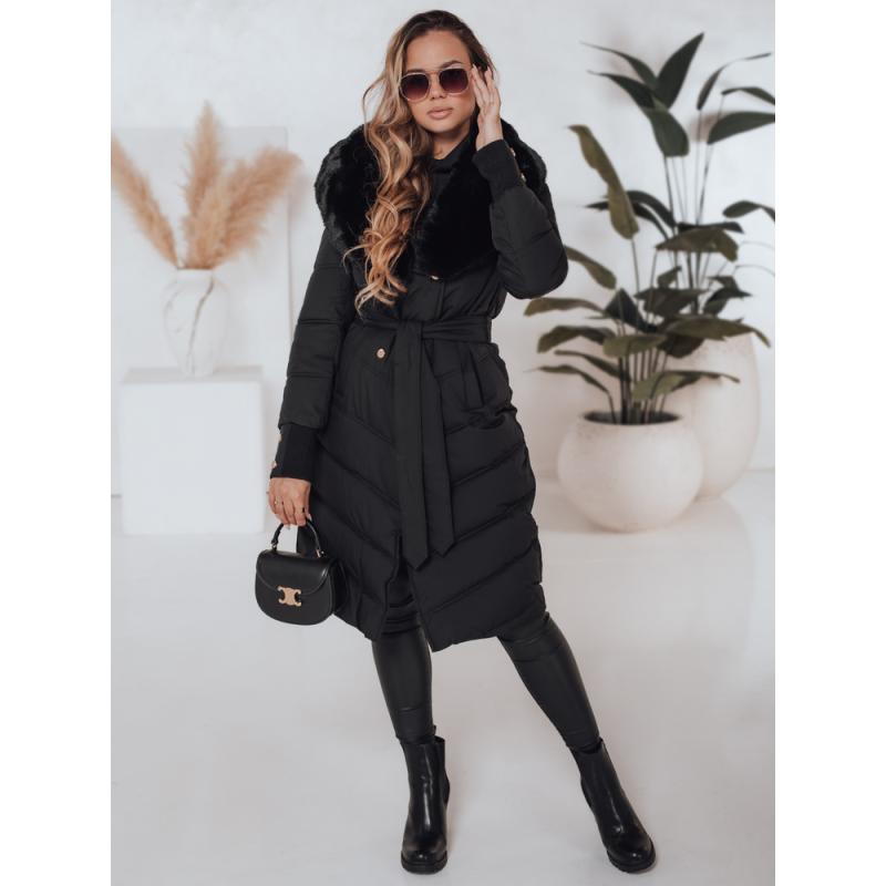 Dámska prešívaná zimná bunda s kožušinovým lemovaním čierna