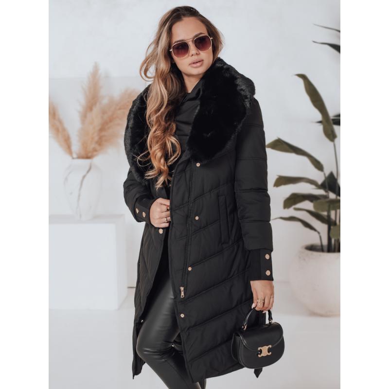 Dámska prešívaná zimná bunda s kožušinovým lemovaním čierna
