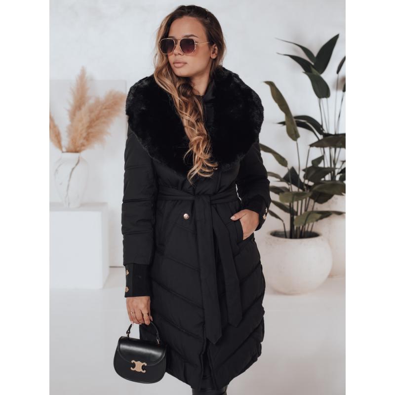 Dámska prešívaná zimná bunda s kožušinovým lemovaním čierna