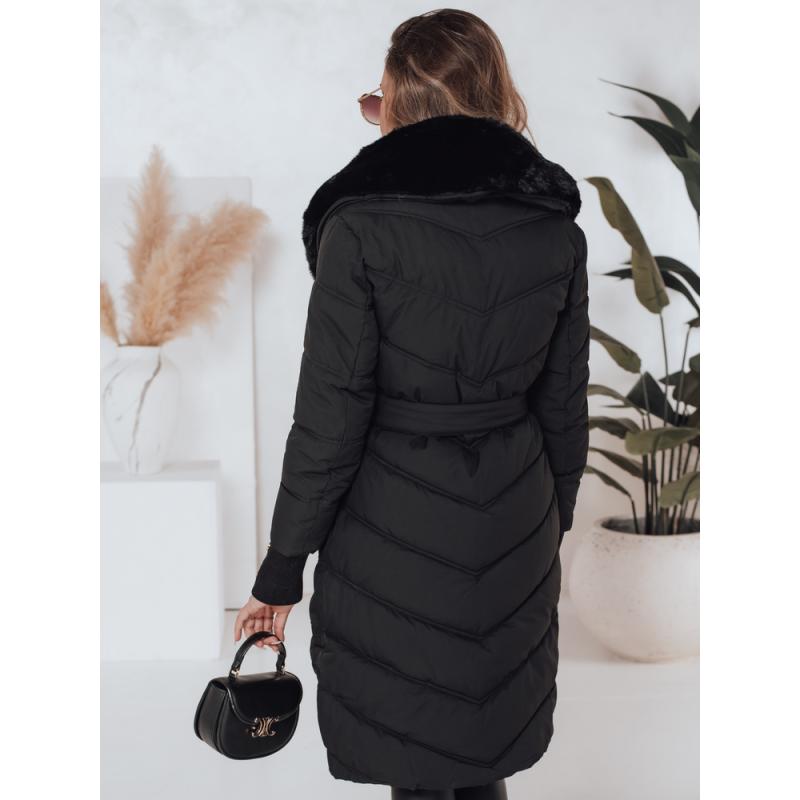 Dámska prešívaná zimná bunda s kožušinovým lemovaním čierna