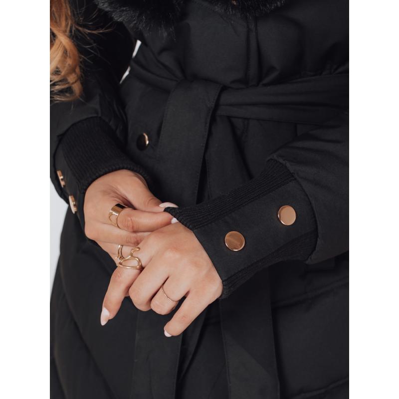 Dámska prešívaná zimná bunda s kožušinovým lemovaním čierna