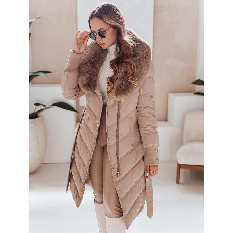 Női steppelt téli kabát szőrme szegéllyel kamel